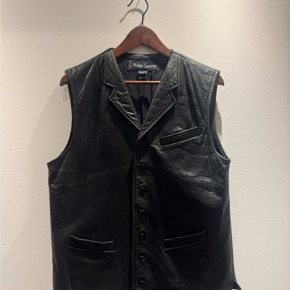 Ralph Lauren Black Leather Vest with Lapel Collar